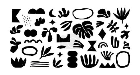 Illustration for Black and white organic shape doodle collection. Funny basic shapes, random childish doodle cutouts of tropical leaf, hand and decorative abstract art on isolated background. - Royalty Free Image