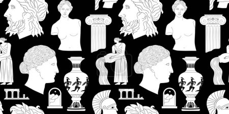 Illustration for Ancient greek statue and classic vintage monument seamless pattern. Black and white greece culture background illustration. Historical flat cartoon drawing. - Royalty Free Image