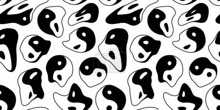Ilustración de Derretimiento yin yang símbolo blanco y negro patrón sin costura. Efecto de droga psicodélica retro derretida textura de fondo icono de yoga. Papel pintado de garabatos de moda. - Imagen libre de derechos