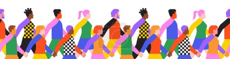 Ilustración de Colorful people group walking together holding hands seamless pattern. Modern flat cartoon illustration of diverse young character team for friendship, diversity or community culture concept. - Imagen libre de derechos