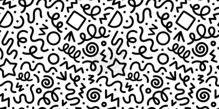 Illustration for Fun black and white abstract line doodle seamless pattern. Creative minimalist style art background for children or trendy design with basic shapes. Simple childish scribble backdrop. - Royalty Free Image
