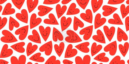 Illustration for Red love heart seamless pattern illustration with funny smiling face. Doodle hearts background print. Valentine's day holiday backdrop texture, romantic wedding design. - Royalty Free Image
