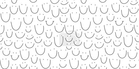 Téléchargez les illustrations : Les gens simples visages sourire illustration de modèle sans couture. Personnages heureux de bande dessinée noir et blanc dans le style drôle de gribouillage des enfants. Communauté amicale ou groupe d'enfants souriant fond imprimé. - en licence libre de droit