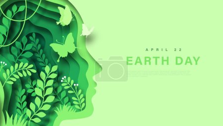 Illustration for Earth day april 22 paper cut web template illustration. Green papercut people head with nature environment inside. Modern 3d cutout design concept of human growing plant leaf and butterfly. - Royalty Free Image
