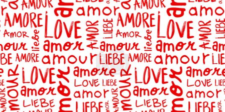 Illustration for Red love text quote seamless pattern illustration in different languages. Cute romantic background wallpaper print. Valentine's day handwritten texture with spanish, french, italian and german. - Royalty Free Image