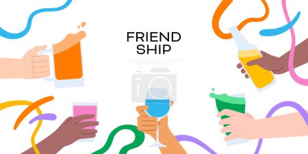 Illustration for Friends party event illustration template of friend group drinking alcohol or juice drink together. Diverse people hands holding glass for friendship celebration, invitation or web background. - Royalty Free Image