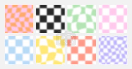 Illustration for Colorful blurred checker board square seamless pattern set. Collection of trendy checkered pastel square background in vintage psychedelic y2k style. Defocused soft color gradient wallpaper print. - Royalty Free Image
