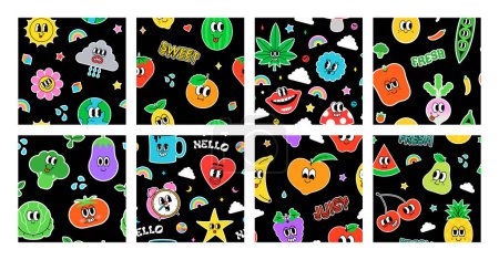 Illustration for Trendy psychedelic sticker seamless pattern set in vintage cartoon style. Retro 50s art character label background illustration collection. Funny colorful groovy print with earth planet, sun, flower. - Royalty Free Image