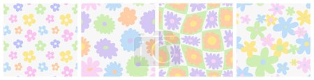 Illustration for Trendy floral seamless pattern illustration set. Vintage style hippie flower background design collection. Colorful pastel color groovy artwork, y2k nature backdrop with daisy flowers. - Royalty Free Image
