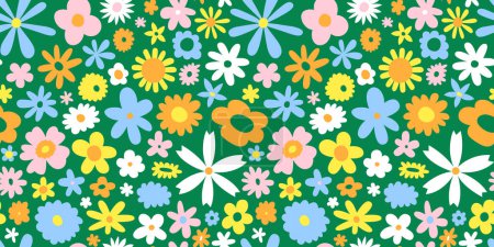 Illustration for Colorful retro flower bed seamless pattern. Vintage scandinavian art style floral background print. Spring nature wallpaper texture, beautiful cartoon garden backdrop. - Royalty Free Image