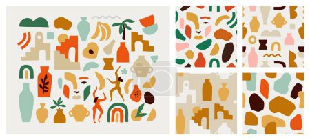 Illustration for Set of trendy doodle and abstract nature icons on isolated white background. Seamless pattern collection, minimalist fruit shapes in freehand art style. Includes people, vase art and texture bundle - Royalty Free Image
