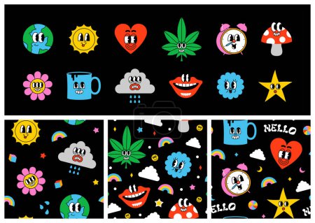 Illustration for Set of trendy psychedelic sticker in vintage cartoon style. Retro 50s art character label illustration collection on isolated background. Funny colorful groovy mascot bundle. - Royalty Free Image