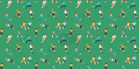 Illustration for Diverse soccer player men athlete team seamless pattern. Colorful retro style football game male players print illustration. Includes foot ball kick pose, goalkeeper catch background. - Royalty Free Image