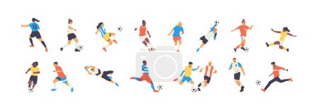 Illustration for Diverse soccer player people team set. Colorful retro style athlete group playing football game on isolated background. Men and women footballer character collection, sport illustration. - Royalty Free Image