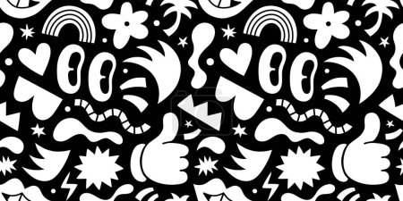 Illustration for Black and white retro cartoon doodle seamless pattern illustration. Funny character art background with monochrome color shapes. Vintage drawing wallpaper print texture. - Royalty Free Image