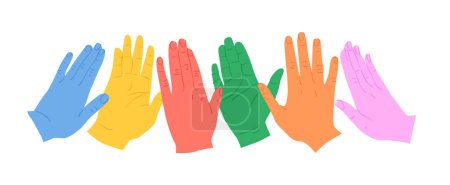 Illustration for Diverse colorful people hand doing high five gesture together. Modern hands cartoon illustration of business partner team, friend group or success celebration concept. - Royalty Free Image