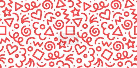 Illustration for Fun red line doodle seamless pattern. Creative abstract style art background for children or trendy design with basic shapes. Simple childish scribble wallpaper print. - Royalty Free Image