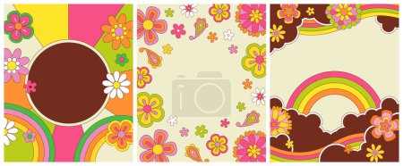 Vintage seventies psychedelic illustration set. Retro floral background art collection. Groovy colorful spring template. Hippie nature backdrop print with copy space, rainbow, daisy flowers.