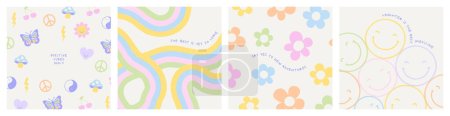Ilustración de Retro colorido arco iris doodle ilustración de dibujos animados conjunto con feliz cita inspiración. Colección de fondo de estilo hippie vintage de moda. Color pastel curvilíneo impresión de moda Y2K. - Imagen libre de derechos