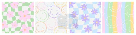 Illustration for Colorful trendy checker board square seamless pattern collection. Set of geometric pastel square flower background in vintage psychedelic y2k style. Includes floral and happy face prints. - Royalty Free Image