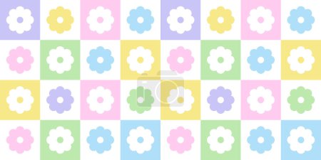 Illustration for Trendy floral seamless pattern illustration. Vintage 70s style hippie flower background design. Geometric pastel color checkered artwork, y2k nature backdrop with daisy flowers. - Royalty Free Image