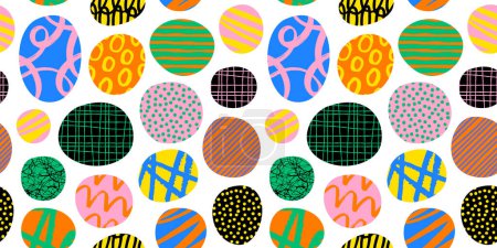 Illustration for Colorful circle polka dot seamless pattern with collage art texture. Modern contemporary art background, round geometric shape hand drawn print, maximalist graffiti paint wallpaper. - Royalty Free Image