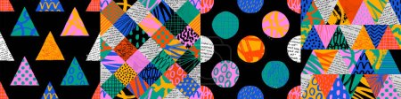 Illustration for Colorful seamless pattern set with collage art texture. Modern contemporary art background collection, geometric shape hand drawn print, maximalist graffiti paint patchwork wallpaper. - Royalty Free Image