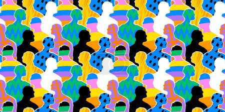 Illustration for Colorful diverse people crowd abstract art seamless pattern. Multi-ethnic community, big cultural diversity group background illustration in modern collage painting style. - Royalty Free Image