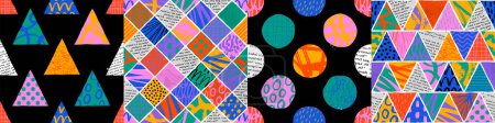 Illustration for Colorful seamless pattern set with collage art texture. Modern contemporary art background collection, geometric shape hand drawn print, maximalist graffiti paint patchwork wallpaper. - Royalty Free Image
