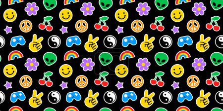 Illustration for Colorful funny happy face label seamless pattern. Trendy 90s retro sticker cartoon background. Weird comic character texture print, repeatable Y2K wallpaper. - Royalty Free Image