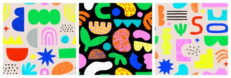 Illustration for Abstract organic shape seamless pattern set with colorful geometric doodles. Flat cartoon background collection, simple random shapes in bright childish colors. - Royalty Free Image