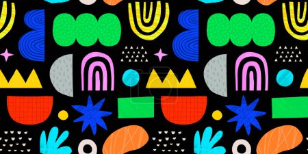 Illustration for Abstract organic shape seamless pattern with colorful geometric doodles. Flat cartoon background, simple random shapes in bright childish colors. - Royalty Free Image