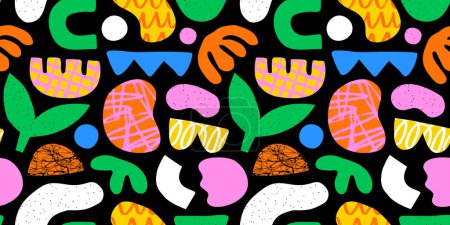 Illustration for Abstract organic shape seamless pattern with colorful geometric doodles. Flat cartoon background, simple random shapes in bright childish colors. - Royalty Free Image