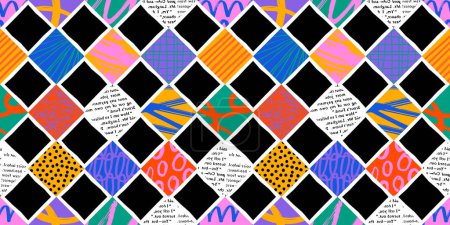 Illustration for Colorful square mosaic grid seamless pattern with collage art texture. Modern contemporary art background, checkered geometric shape hand drawn print, maximalist patchwork paint wallpaper. - Royalty Free Image