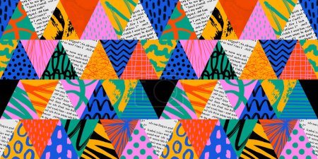 Illustration for Colorful triangle seamless pattern with collage art texture. Modern contemporary art background, triangles geometric shape hand drawn print, maximalist patchwork paint wallpaper. - Royalty Free Image