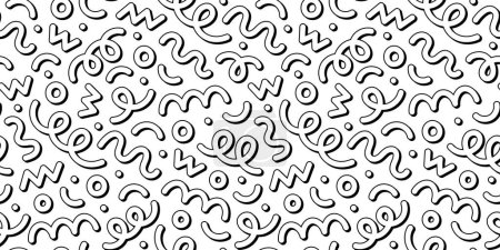 Illustration for Fun black and white abstract line doodle seamless pattern. Creative minimalist style art background for children or trendy design with basic shapes. Simple childish scribble backdrop. - Royalty Free Image