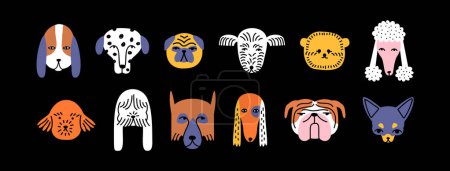 Illustration for Funny dog animal head cartoon set in modern flat illustration style. Cute puppy pet collection, diverse breeds - domestic dogs bundle. - Royalty Free Image
