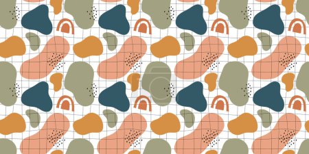 Illustration for Abstract nature shape seamless pattern with tropical plant leaf and paint doodles in pastel color. Minimalist hand drawn background, wallpaper or fashion print texture. - Royalty Free Image