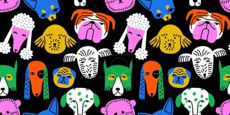 Illustration for Funny dog animal face icon cartoon seamless pattern in colorful flat illustration style. Cute puppy pet head background, diverse domestic dogs breed wallpaper. - Royalty Free Image