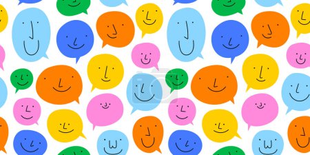 Illustration for Diverse colorful chat bubble seamless pattern illustration. Multi color rainbow cartoon text balloon in funny children doodle style. Friendly team work or group conversation background concept. - Royalty Free Image
