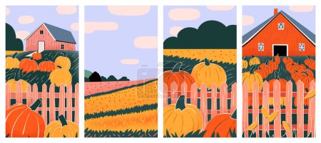 Illustration for Set of fall pumpkin farm field landscape collection. Flat autumn nature art of october season scenery. Halloween holiday environment, thanksgiving card background bundle. - Royalty Free Image