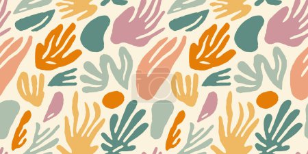 Illustration for Abstract plant leaf art seamless pattern with colorful freehand doodle collage. Organic leaves cartoon background, simple nature shapes in vintage pastel colors. - Royalty Free Image