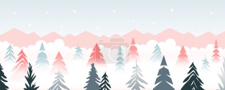 Illustration for Christmas pine tree landscape background illustration. Vintage xmas flat art style banner, winter season travel scenery. Holiday greeting card, festive invitation template. - Royalty Free Image