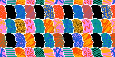 Illustration for Colorful diverse people crowd abstract art seamless pattern. Multi-ethnic community, big cultural diversity group background illustration in modern collage painting style. - Royalty Free Image