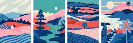 Illustration for Set of abstract nature landscape banner collection. Trendy flat art style backgrounds of diverse vintage travel scenery. Nature environment, farm, forest biomes. - Royalty Free Image