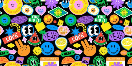 Illustration for Funny smiling happy face colorful sticker label seamless pattern. Retro 90s smile icon tag background texture. Trendy sign wallpaper. - Royalty Free Image
