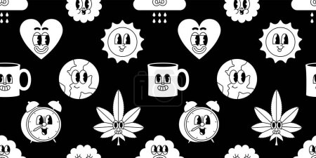 Illustration for Trendy psychedelic sticker seamless pattern in vintage cartoon style. Retro art character label background illustration. Funny groovy print with earth planet, sun, flower. - Royalty Free Image