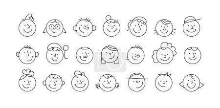 Illustration for Black and white cartoon character face circle avatar illustration set. Funny people faces, diverse profile icon in trendy cartoon style. Social media reaction sticker, children portrait drawing. - Royalty Free Image