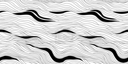 Illustration for Abstract black and white hand drawn wavy line drawing seamless pattern. Modern minimalist fine wave outline background, creative monochrome wallpaper texture print. - Royalty Free Image