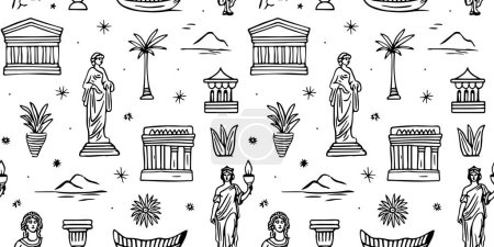 Illustration for Ancient greek statue and classic vintage monument seamless pattern. Black and white greece culture background illustration. Historical flat cartoon drawing. - Royalty Free Image